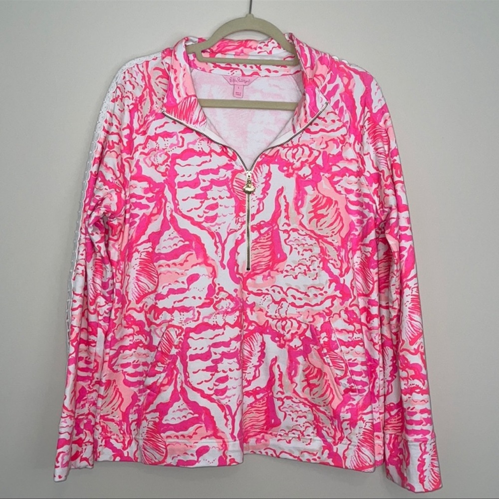 LILLY PULITZER CORAL REEF SKIPPER POPOVER LACE SLEEVE PULLOVER QUARTER ZIP PINK